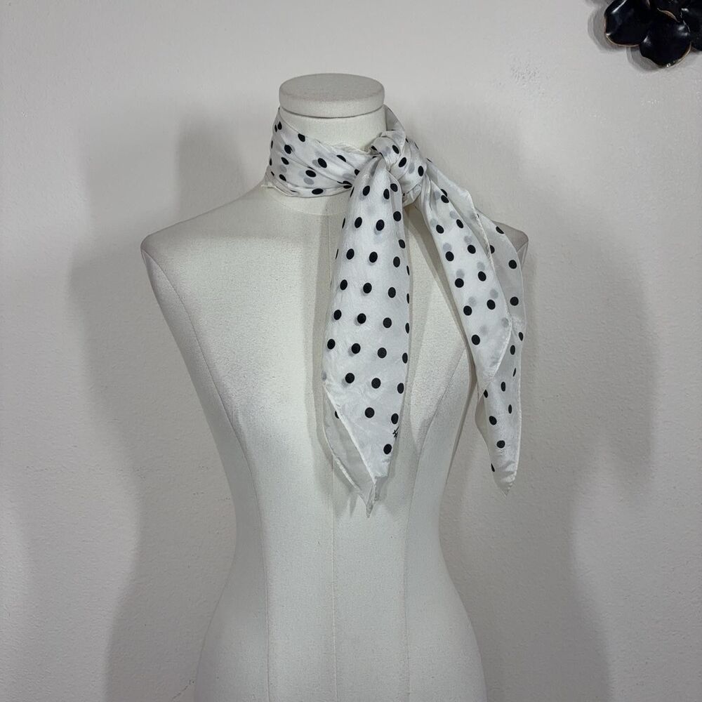 Honey Scarf Womens One Size White Black Polka Dot Silk Square Retro Japan